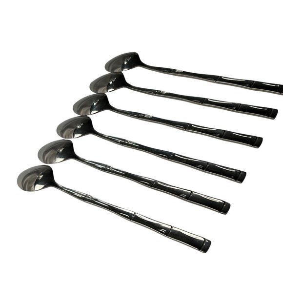Set Of 6 Stainless Steel Spoons W/Bamboo Design From Japan Elegant Sophisticated - Picture 4 of 11